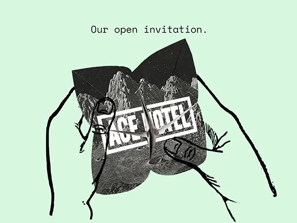 Gif illustration of a paper fortune teller featuring a lunar landscape with 'Ace Hotel' logo overlaid. Two hand-drawn hands hold the fortune teller, set against a mint green background with the text 'Our open invitation' at the top.