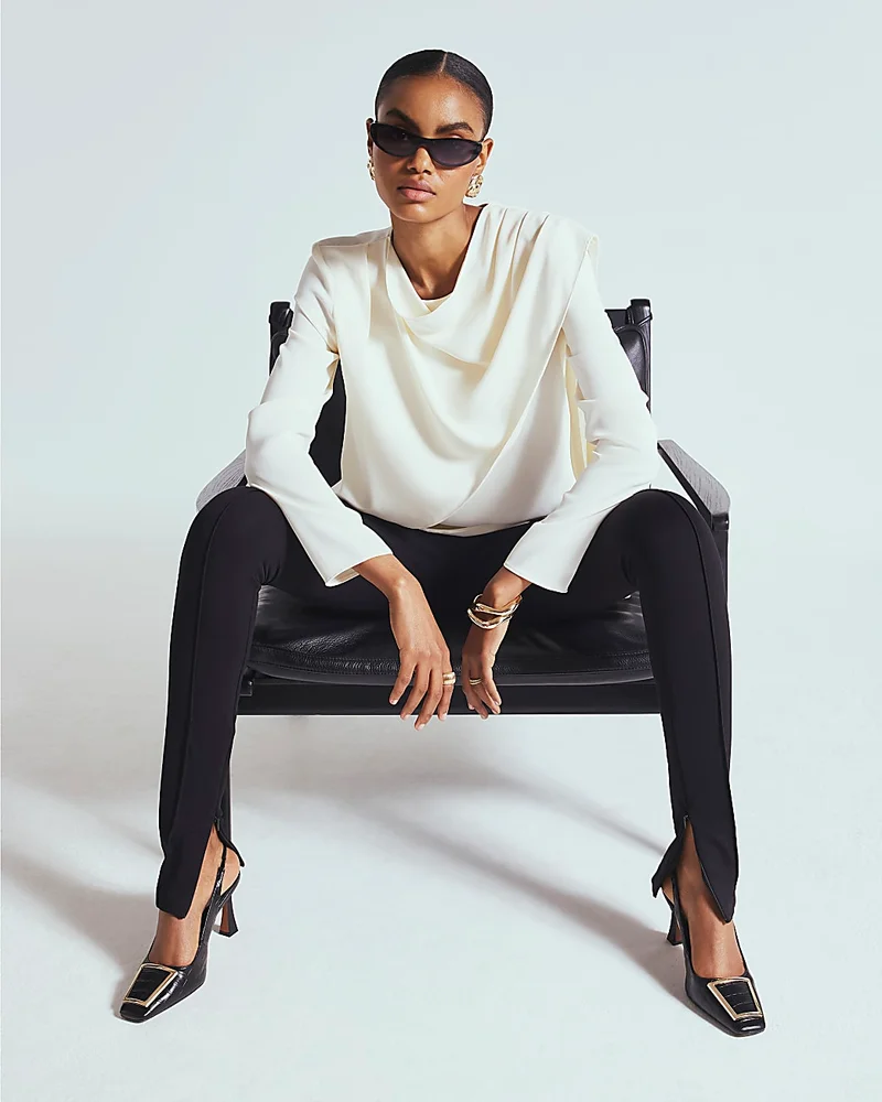 White Cowl Neck Drape Blouse