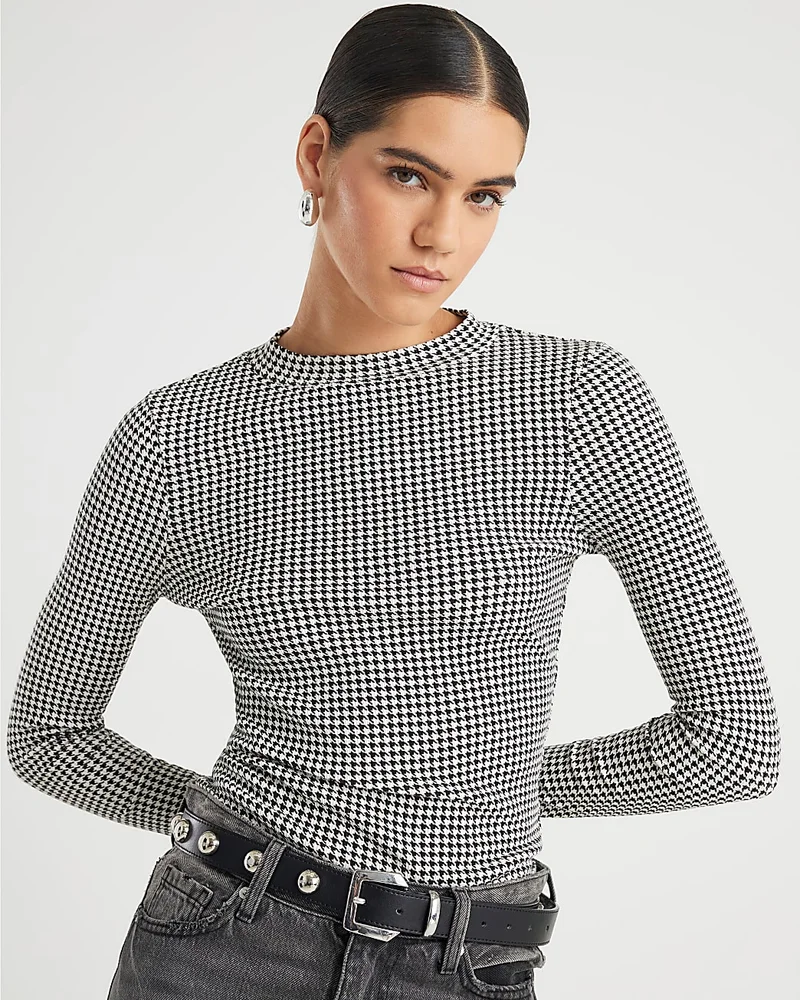 Black Long Sleeve Dogtooth Print Top