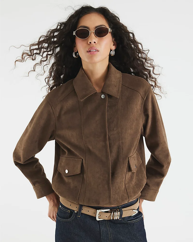 Brown Faux Suede Collared Jacket