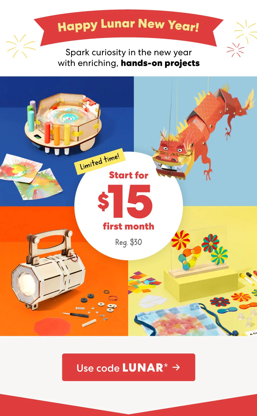 Brightly colored KiwiCo projects, including a dragon and DIY lantern, with a special offer: $15 for the first month. Use code LUNAR*. Click here to use code LUNAR* and claim $15 for your first month. Brightly colored KiwiCo projects, including a dragon and DIY lantern, with a special offer: $15 for the first month. Use code LUNAR*. Click here to use code LUNAR* and claim $15 for your first month.