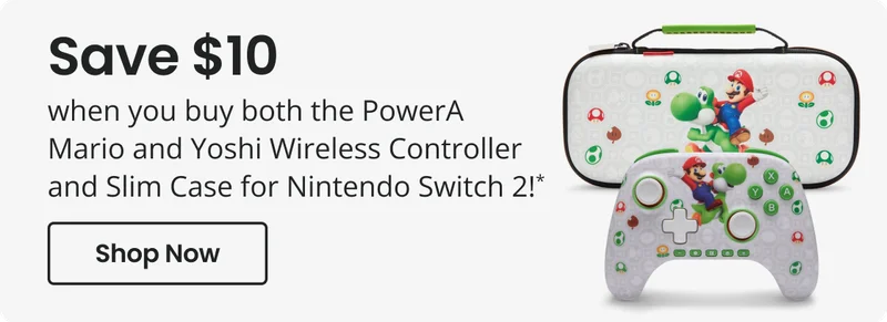 Save $10 when you buy both the PowerA Mario and Yoshi Wireless Controller and Slim Case for Nintendo Switch 2!*