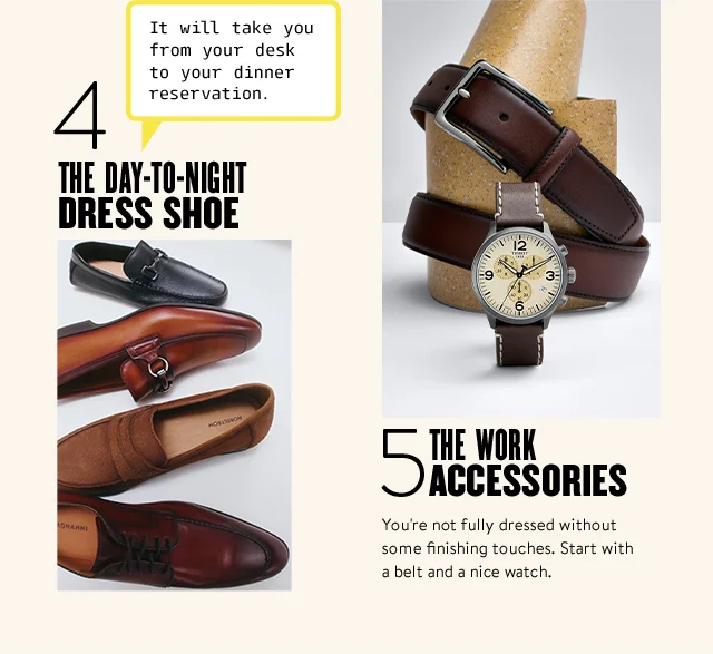 The day-to-night dress shoe: an assortment of black and brown men's dress shoes. The work accessories: a matching brown watch and belt.