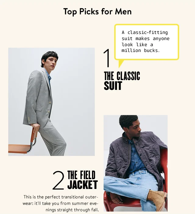 The classic suit: man in a grey suit leaning on a chair. The field jacket: seated man in a field jacket, jeans and suede boots.
