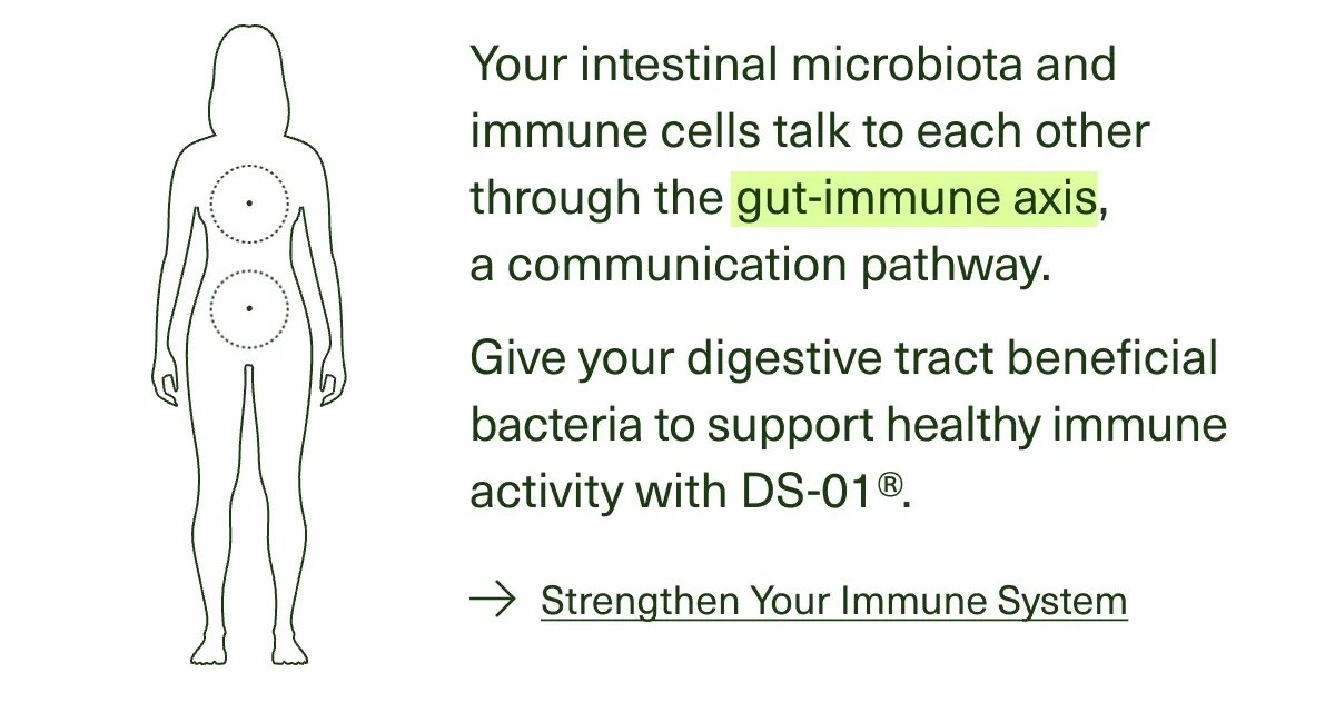 Your intestinal microbiota and immune cells talk to each other through the gut-immune axis, a communication pathway. | Give your digestive tract beneficial bacteria to support healthy immune activity with DS-01®. | Strengthen Your Immune System