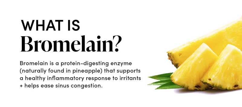 What Is Bromelain?           Bromelain is a protein-digesting enzyme (naturally found in pineapple) that supports a healthy inflammatory response to irritants + helps ease sinus congestion.