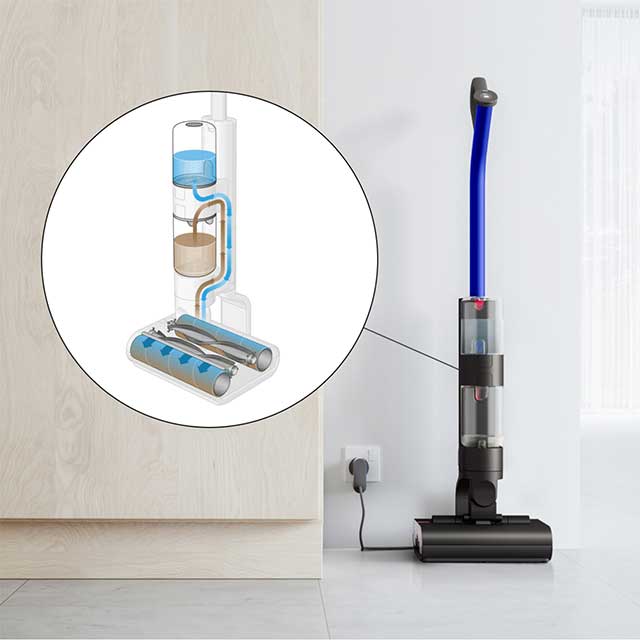 The Dyson WashG1 wet cleaner charging on the dock, plus a diagram illustrates the Self-clean cycle happening inside the machine