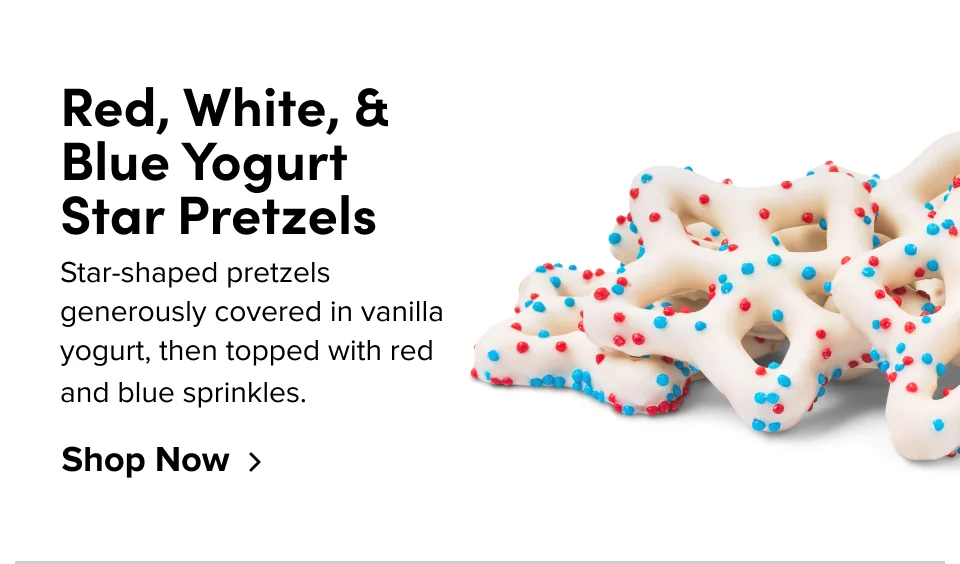Red, White, & Blue Yogurt Star Pretzels: Star-shaped pretzels generously covered in vanilla yogurt, then topped with red and blue sprinkles.