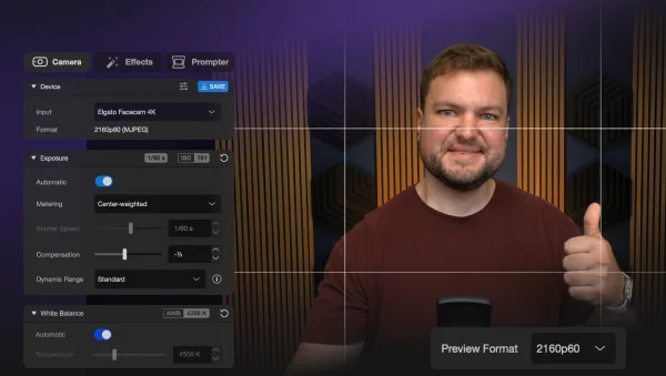 Person giving thumbs up on right side. Elgato Camera Hub software settings on the left side.