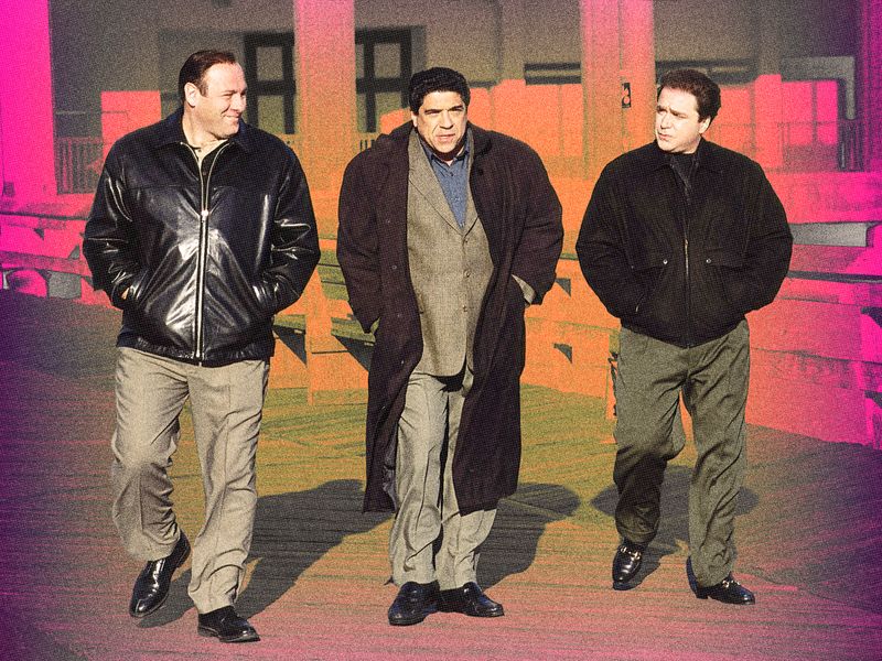 Image may contain: steps you need to walk, James Gandolfini, Vincent Pastore, Michael Rispoli, Clothing, Coat, Jacket, Adult, Person, and Footwear