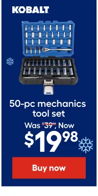 KOBALT. 50-pc mechanics tool set. Was $39.98, Now $19.98.
