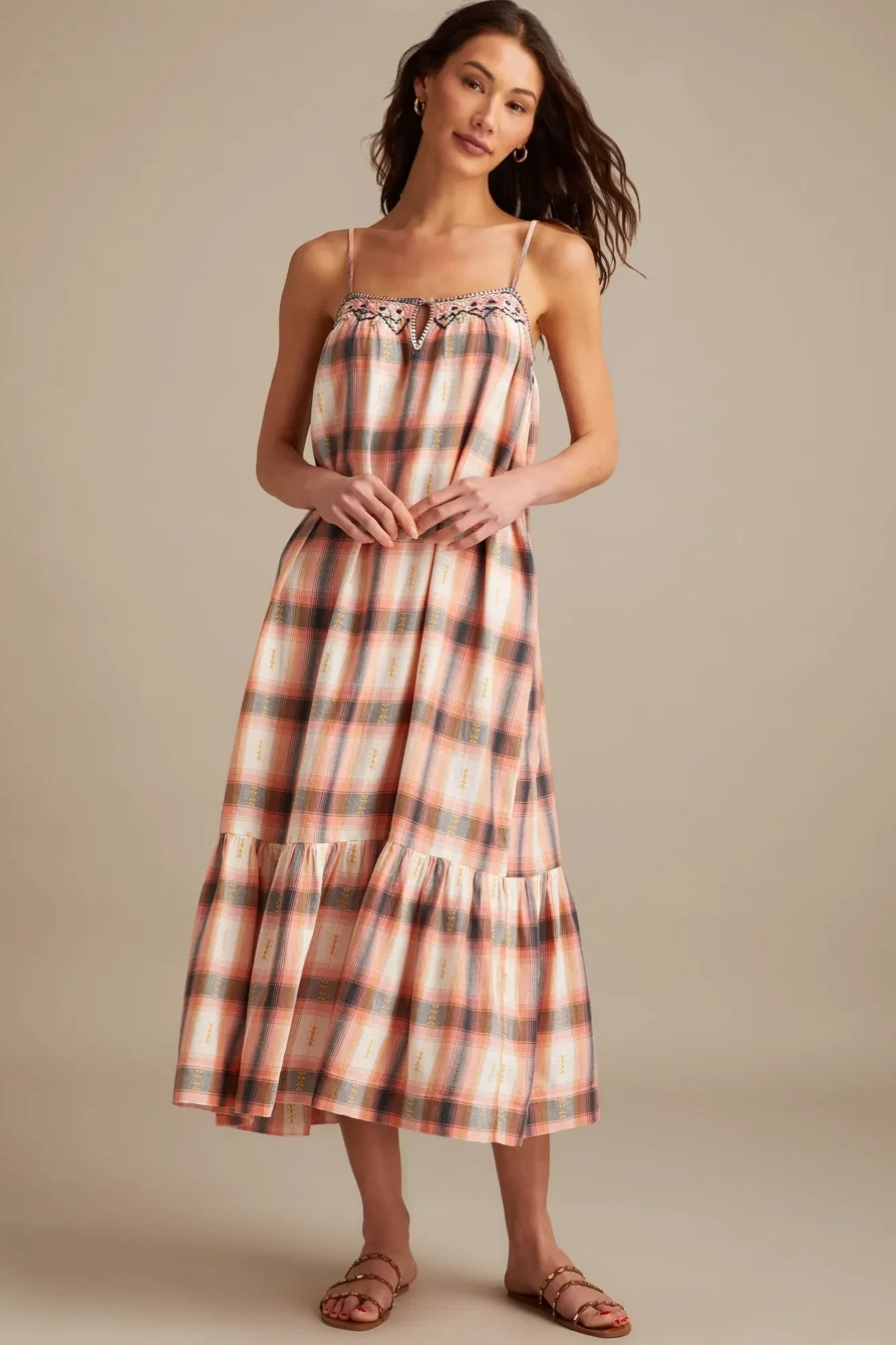 Image of Lucky Brand Embroidered Market Maxi Dress - Women's Clothing Dresses Maxi Dress in Peach Plaid