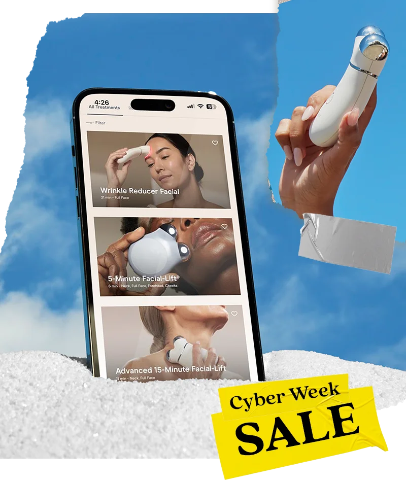 A collage showcasing a smartphone placed in the sand showing the NuFACE Smart app next to a hand holding the TRINITY+ Device.
