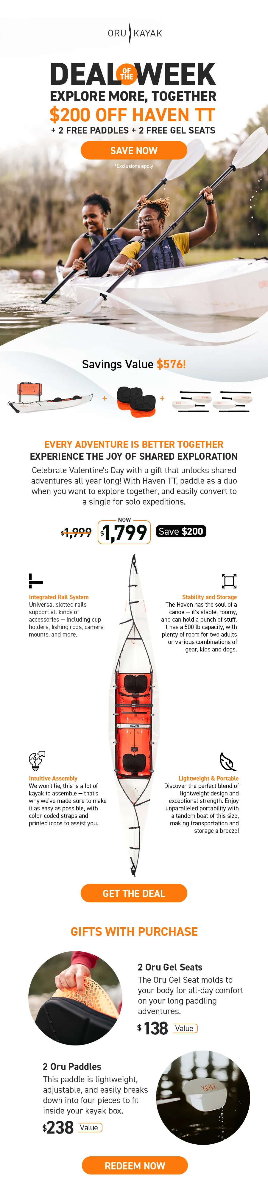 New Deal of the Week! Save $200 off Haven TT + Get 2 FREE Paddles & 2 FREE Gel Seats!