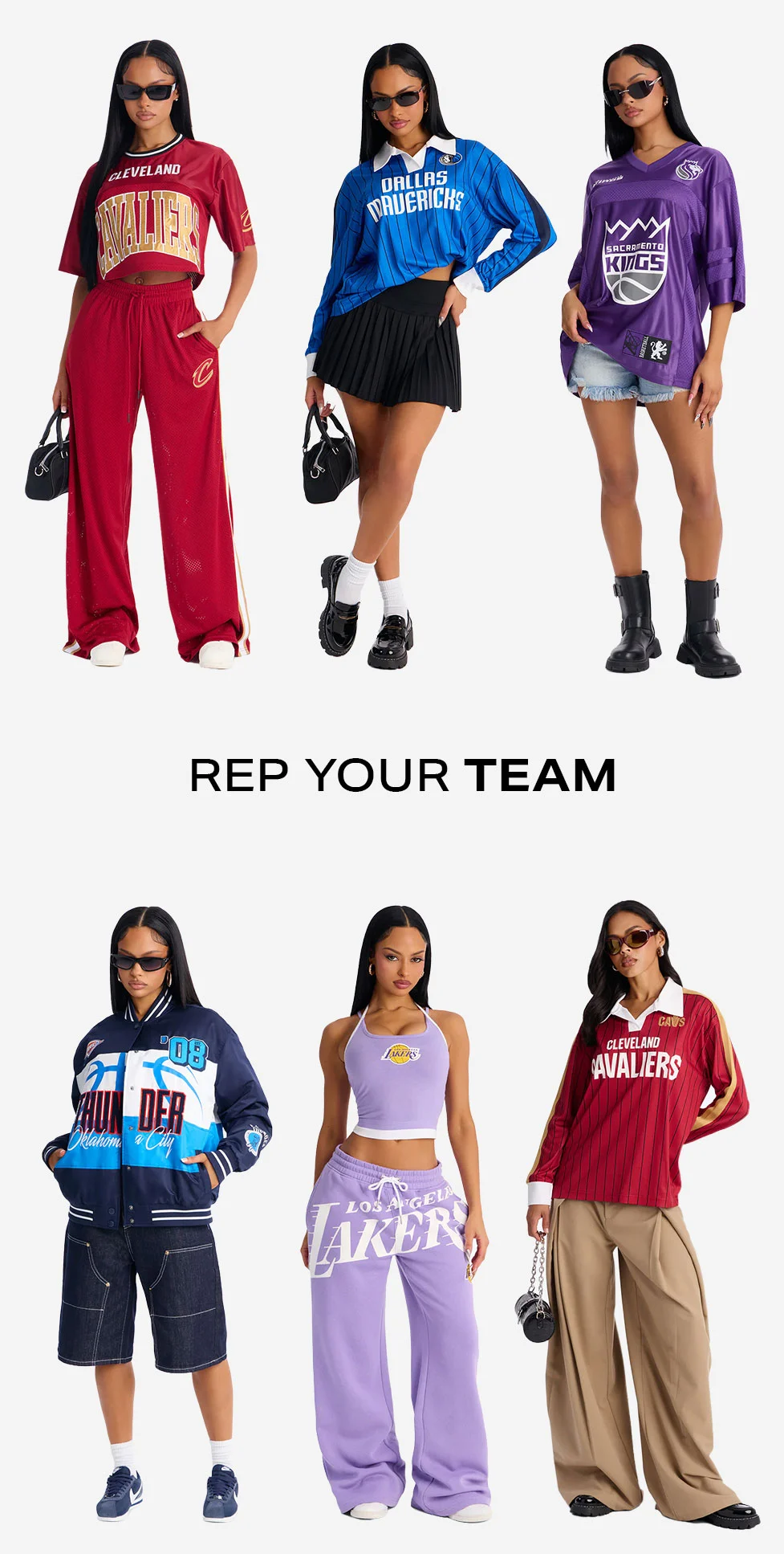 Six models showcase diverse NBA team apparel: red Cavaliers, blue Mavericks, purple Kings, Thunder, Lakers. Shop fan gear and streetwear. Rep your team.