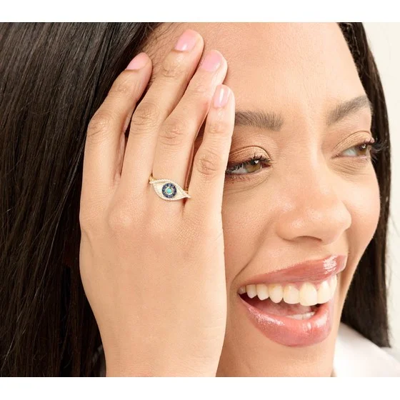 Effy Diamond & Turquoise Evil Eye Ring,` 14k Yellow Gold