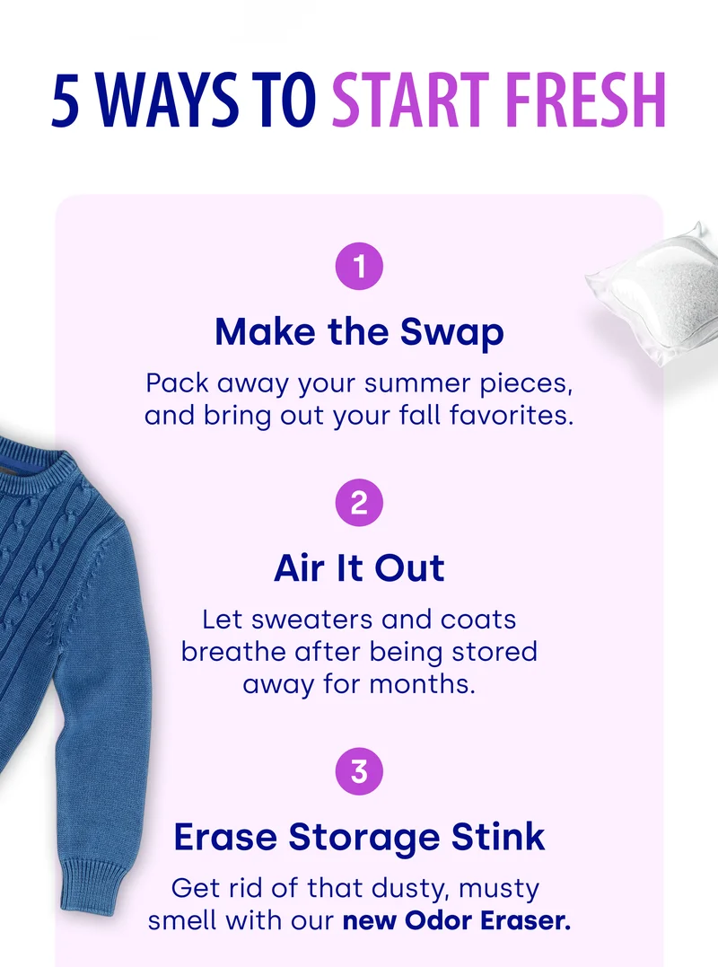 5 Ways to Start Fresh | 1 Make the Swap Pack away your summer pieces, and bring out your fall favorites. | 2 Air It Out Let sweaters and coats breathe after being stored away for months. | 4 Smooth It Out Steam away wrinkles so clothes are crisp and fall-ready.