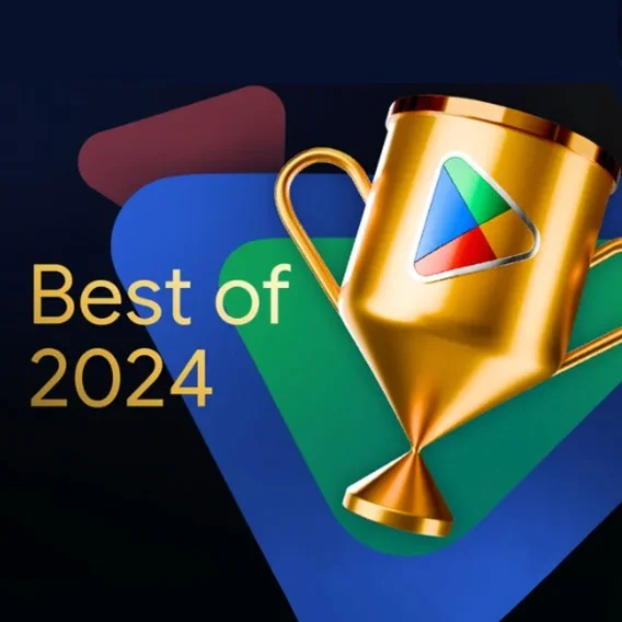 A gold trophy with the Google Play logo on it against a background of geometric shapes. The text 'Best of 2024' is in gold to the left of the trophy.