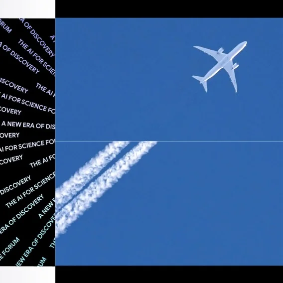 A white airplane flies through a blue sky, leaving a trail of white contrails. The phrase 'A NEW ERA OF DISCOVERY' and 'THE AI FOR SCIENCE FORUM' are superimposed in a repeating pattern on the left of the image.
