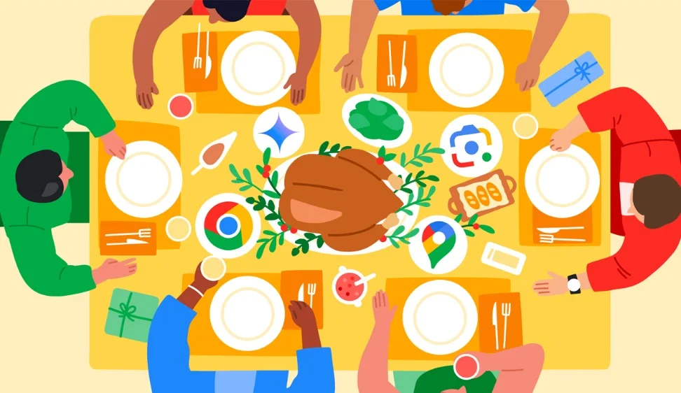 An overhead view of a group of people sitting around a yellow table, sharing a Thanksgiving meal with a roasted turkey as the centerpiece. Google product icons like Chrome and Google Photos are playfully integrated into the scene.