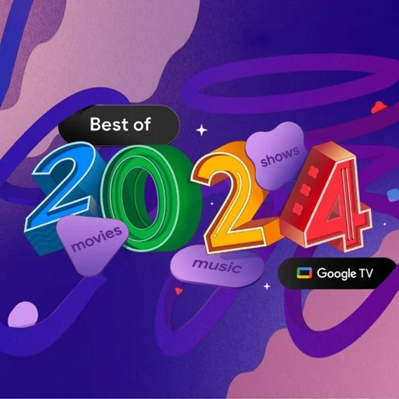 The words 'Best of 2024' in colorful 3D letters, with the words 'movies,' 'shows,' and 'music' appearing below in purple. A Google TV logo is in the bottom right corner.