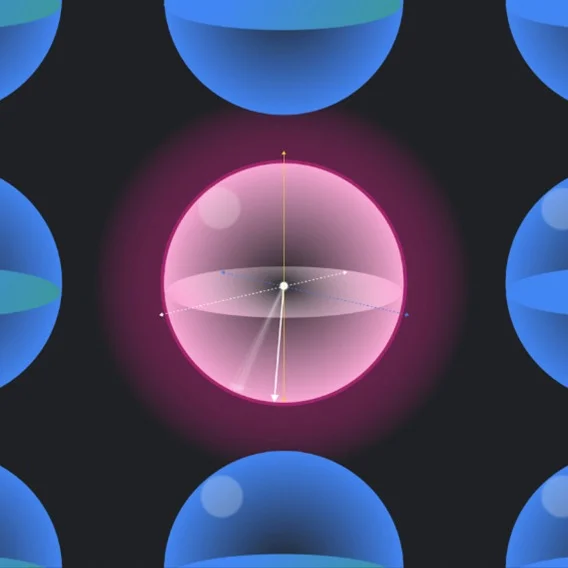 A pink sphere with blue, white and yellow lines intersecting at its center is surrounded by partially visible blue spheres on a black background.