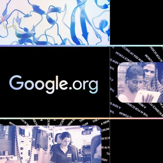 'Google.org” is written in the middle of the image and is surrounded by photos of women in science as well as a graphic above with floating arrows.