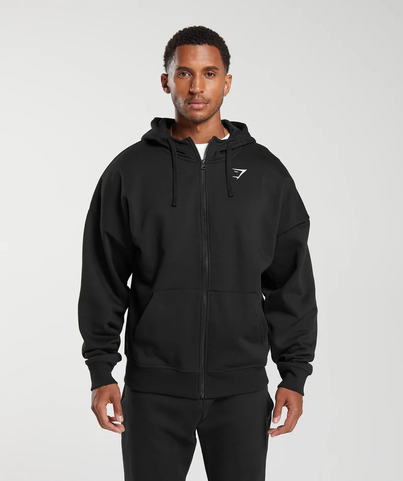 Crest Oversized Zip Up Hoodie - black.