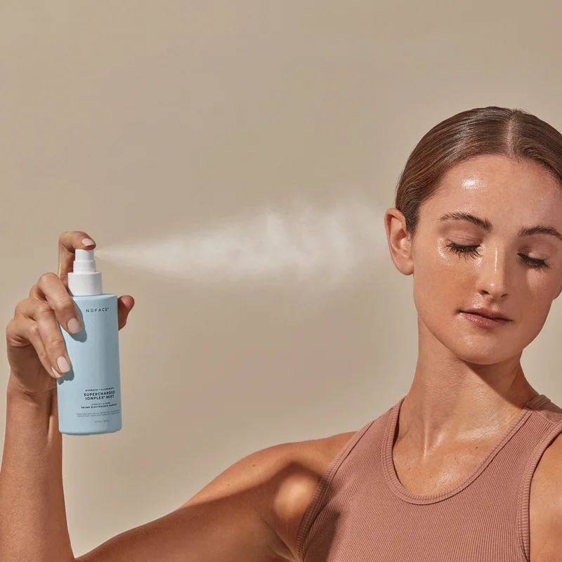 Supercharged IonPlex Mist paired with Prep-N-Glow wipes against light blue background.
