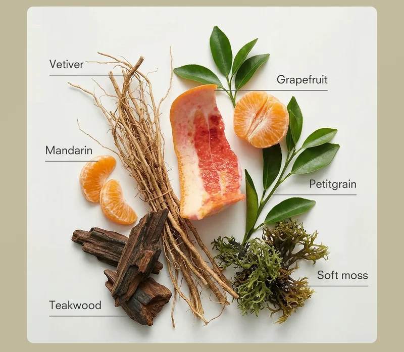 Vetiver, Grapefruit, Mandarin, Petitgrain, Soft moss, and Teakwood