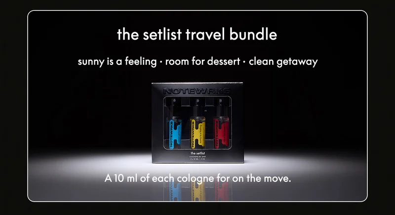 the setlist travel bundle Sunny is a Feeling  • Room for Dessert  • Clean Getaway A 10 ml of each cologne for on the move.
