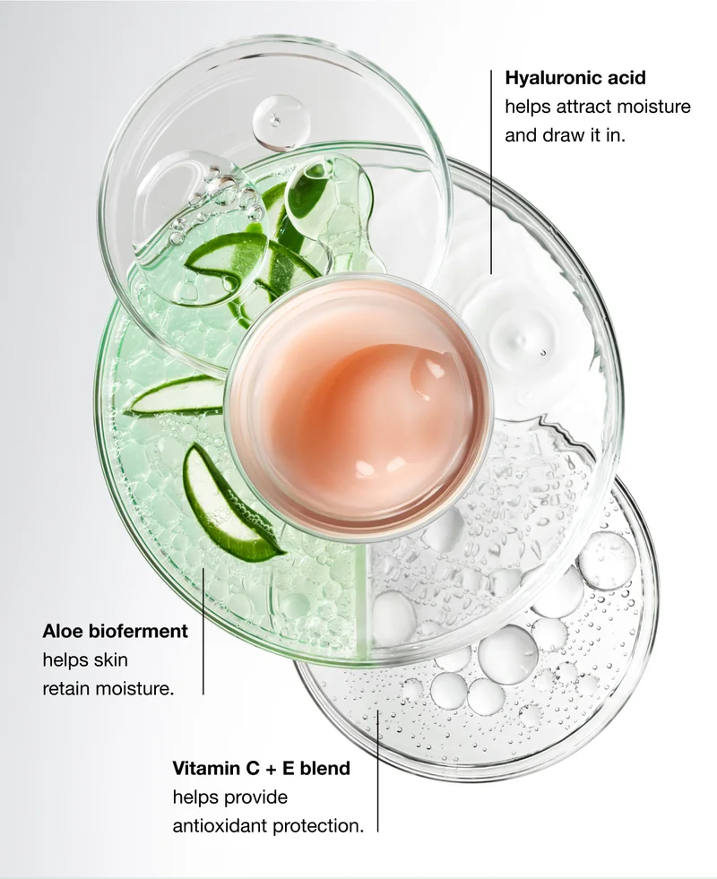Hyaluronic acid helps attract moisture and draw it in. Aloe bioferment helps skin retain moisture. Vitamin C + E blend helps provide antioxidant protection.
