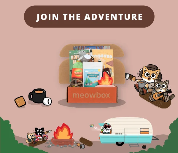 Join the adventure! Image of the Happy Campurrs meowbox (featuring toys like the Purrfectly Toasted S'mores Wand, Meowsquitos Be Gone, Warm Your Whiskers Cat toys and more)