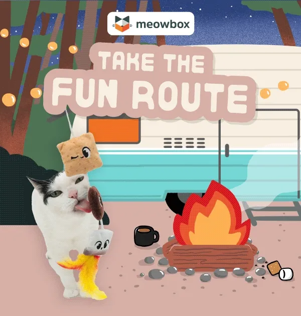 Take the fun route! Image of a white, black spotted cat playing with the Purrfectly Toasted S'mores wand cat toy in front of a RV camping background + a campfire
