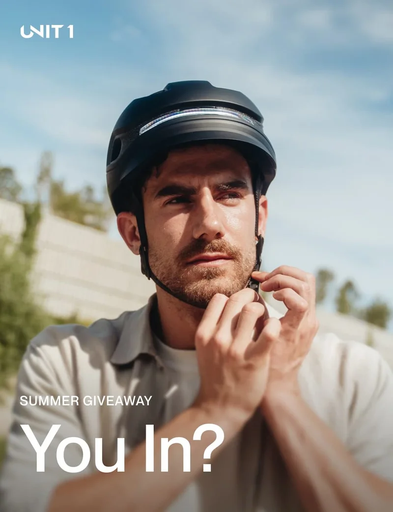 UNIT 1 Summer Giveaway – Man wearing smart helmet. Join now for your chance to win.