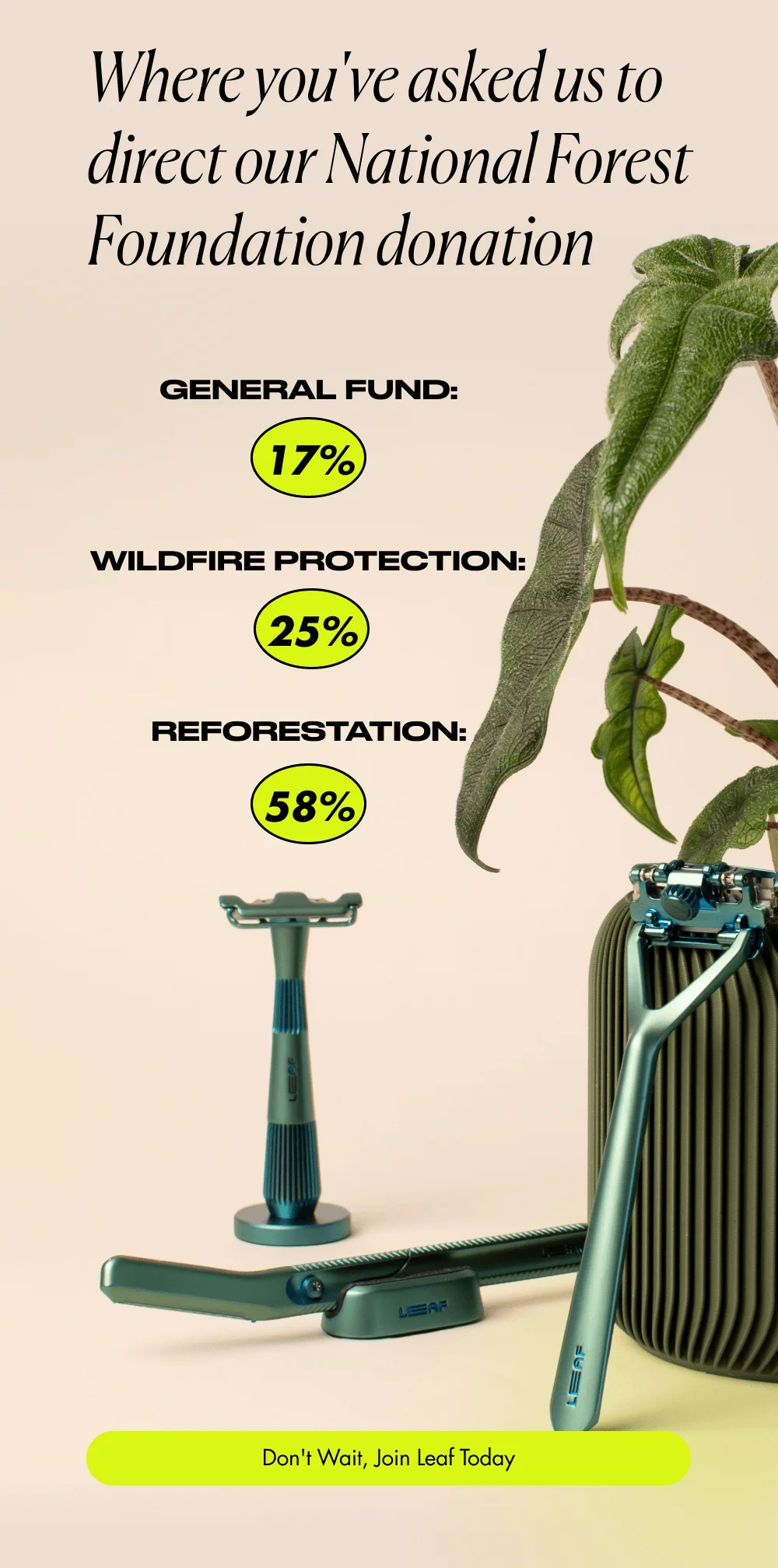 Where you've asked us to direct our National Forest Foundation donation General fund: 17% Wildfire Protection: 25% Reforestation: 58% Don't Wait, Join Leaf Today