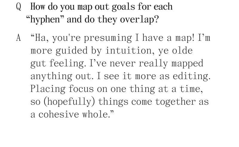 Q How do you map out goals for each "hyphen" and do they overlap? A "Ha, you're presuming I have a map! I'm more guided by intuition, ye olde gut feeling. I've never really mapped anything out. I see it more as editing. Placing focus on one thing at a time, so (hopefully) things come together as a cohesive whole."