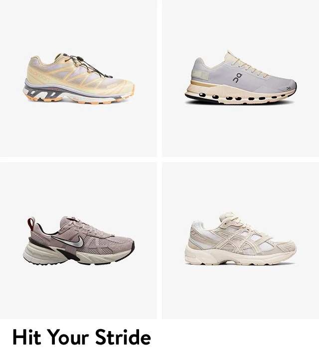 Four styles of running shoes from ASICS, On, Salomon and Nike.
