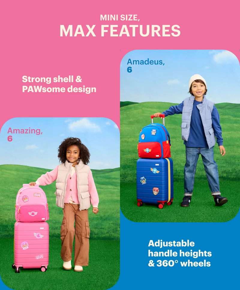 Mini size, max features: Adjustable handle heights, 360° wheels, PAWsome design, Strong shell