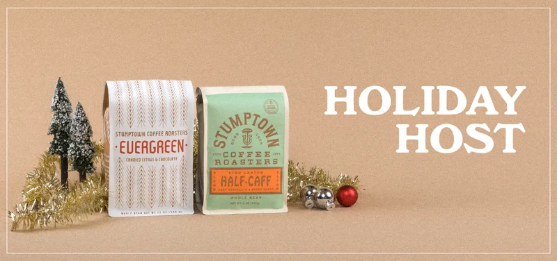 Holiday Host Bundle: limited Evergreen Blend and a bag of Echo Canyon Half-Caff Blend.