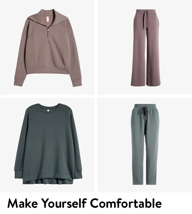 A mauve pullover and matching pants. A green sweatshirt and matching pants.
