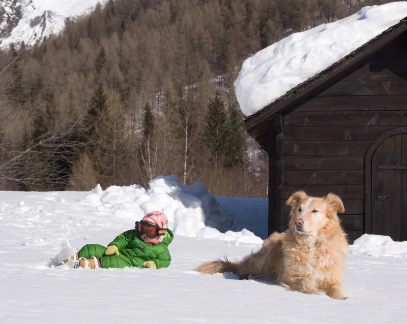 Patagonia. A baby and a dog lounge gracefully in the snow.
