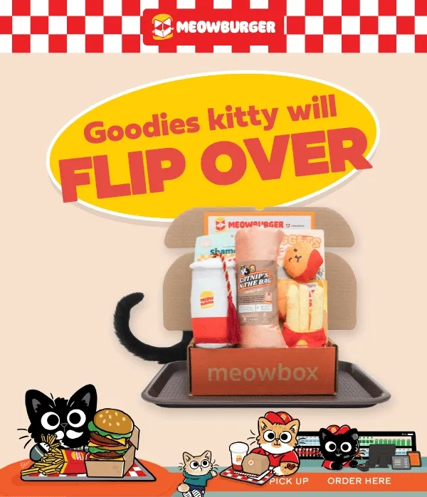 Black white spotted cat next to the meowburger meowbox (featuring toys like the Nuggets of Fun Cat Wand, Catnip's In The Bag Mat, Golden n' Crispy Purrtato Fries Catnip Toys and more).