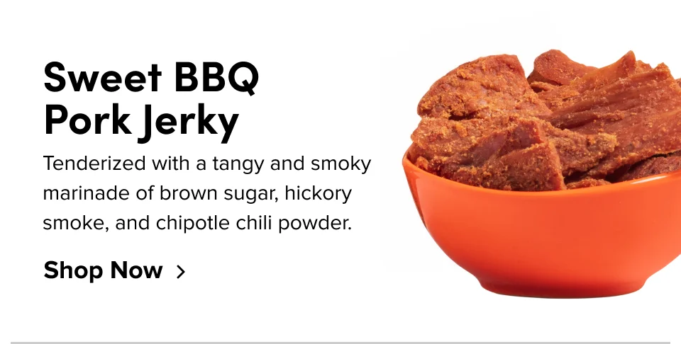 Sweet BBQ  Pork Jerky Tenderized with a tangy and smoky marinade of brown sugar, hickory smoke, and chipotle chili powder. Shop Now