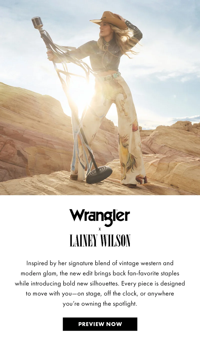 Wrangler X Lainey Wilson Inspired By Her Signature Blend Of Vintage Western And Modern Glam, The New Edit Brings Back Fan-favorite Staples While Introducing Bold New Silhouettes. Every Piece Is Designed To Move With You—on Stage, Off The Clock, Or Anywhere You’re Owning The Spotlight. Preview Now