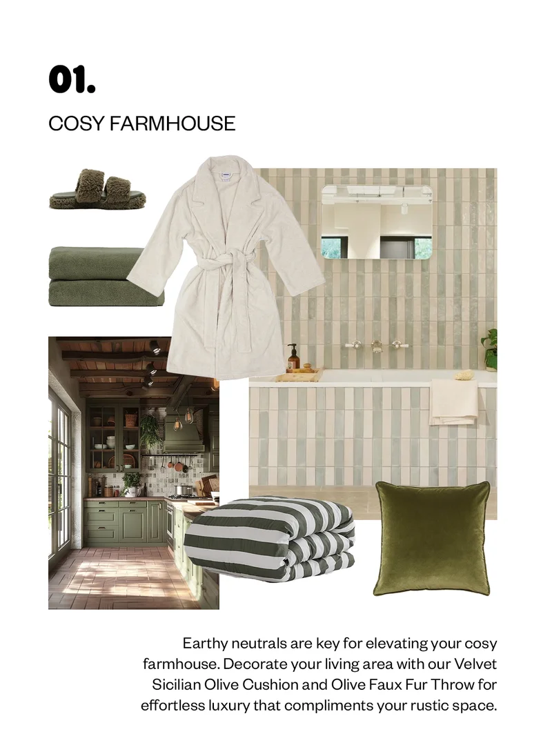 Earthy neutrals are key for elevating your cosy farmhouse. Decorate your living area with our Velvet Sicilian Olive Cushion and Olive Faux Fur Throw for effortless luxury that compliments your rustic space.