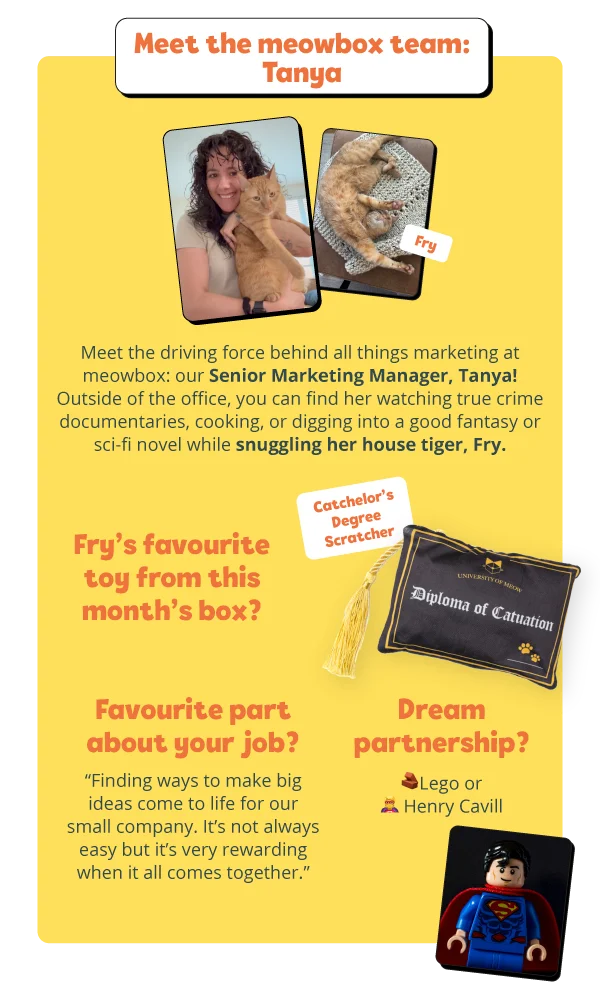 **Meet the meowbox team: Tanya**  Meet the driving force behind all things marketing at meowbox: our Senior Marketing Manager, Tanya! Outside of the office, you can find her watching true crime documentaries, cooking,  or digging into a good fantasy or sci-fi novel while snuggling her house tiger, Fry.  **Fry’s favourite toy from this month’s box?**  *Cat*chelor’s Degree Scratcher  **Dream partnership?**  Lego or Henry Cavill  **Favourite part about your job?**  Finding ways to make big ideas&nbsp;come to life for our small company. It’s not always easy but it’s very rewarding when it all comes together.