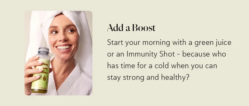 3️⃣ Add a Boost: Start your morning with a green juice or an Immunity Shot – because who has time for a cold when you can stay strong and healthy?