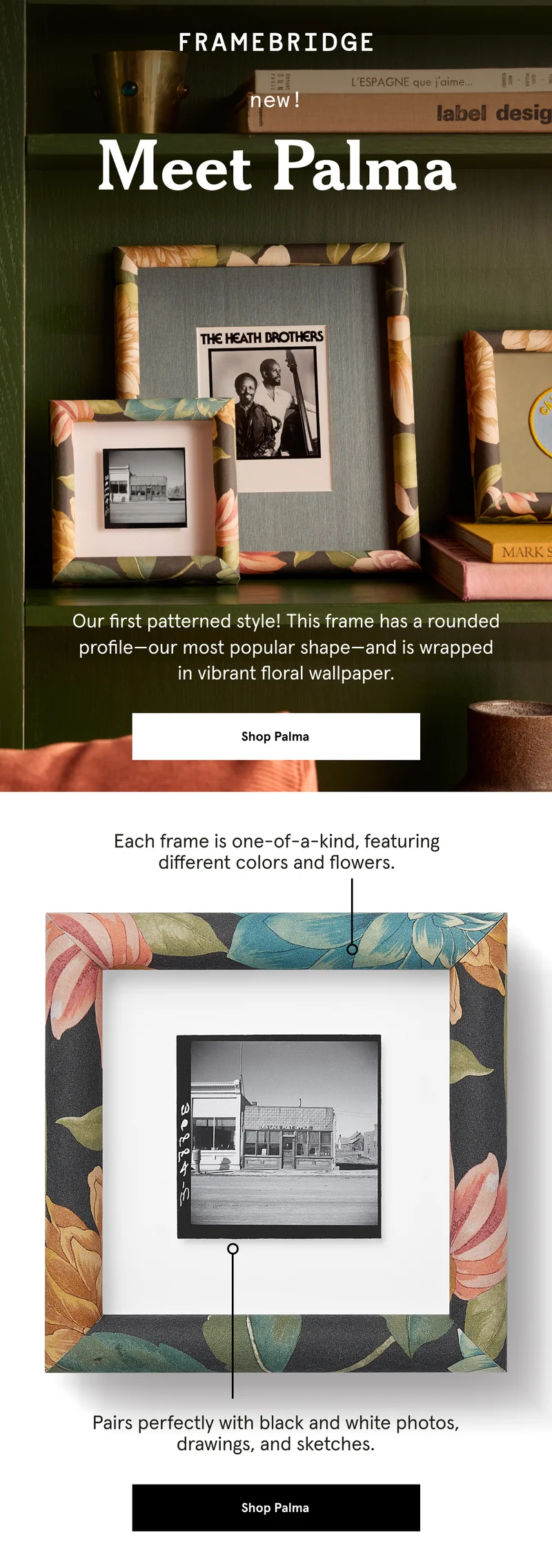 Meet Palma. Our first patterned style! This frame has a rounded profile—our most popular shape—and is wrapped in vibrant floral wallpaper.