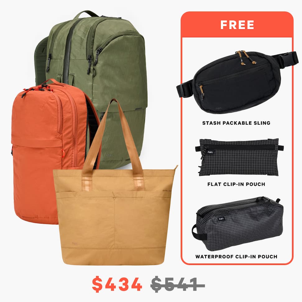 For $434, the Aero Travel Bundle includes the Aero Travel Backpack, Stash Packable Tote, Backpack, Sling, and Clip-in Pouches